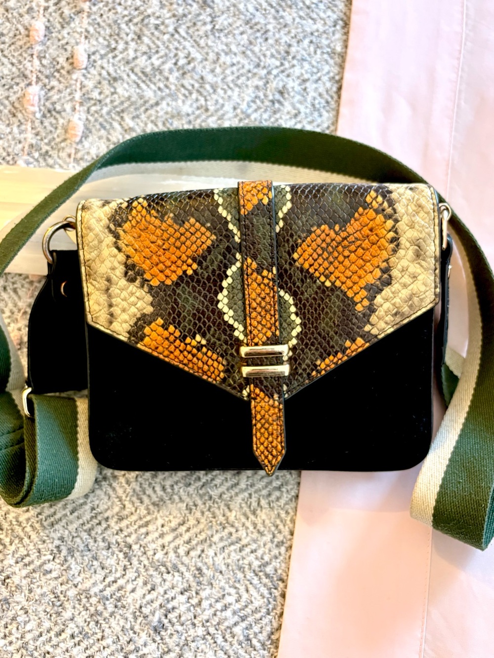 & Other Stories Black Suede Crossbody Bag with Snake-Print Flap
